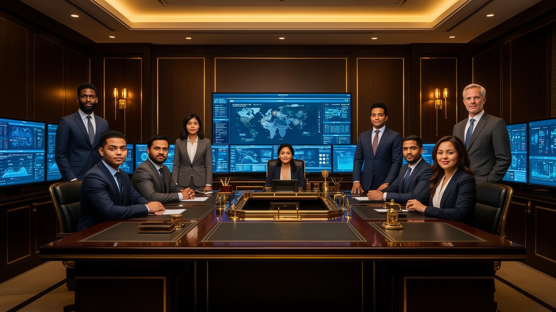 Mission control dashboards displaying pipeline analytics over a city skyline at dusk